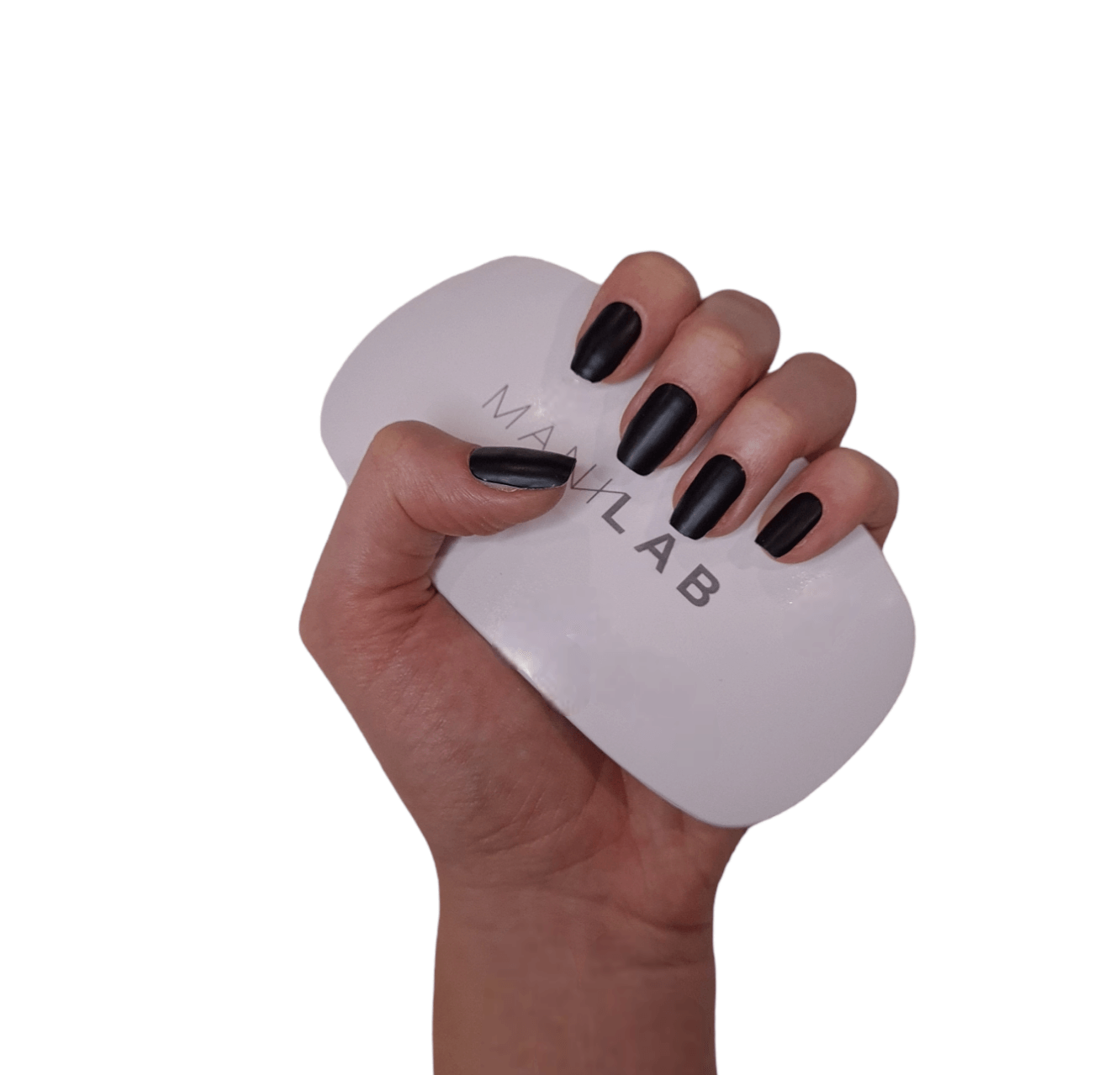 Our matte black semi-cured gel nails displayed on a hand 