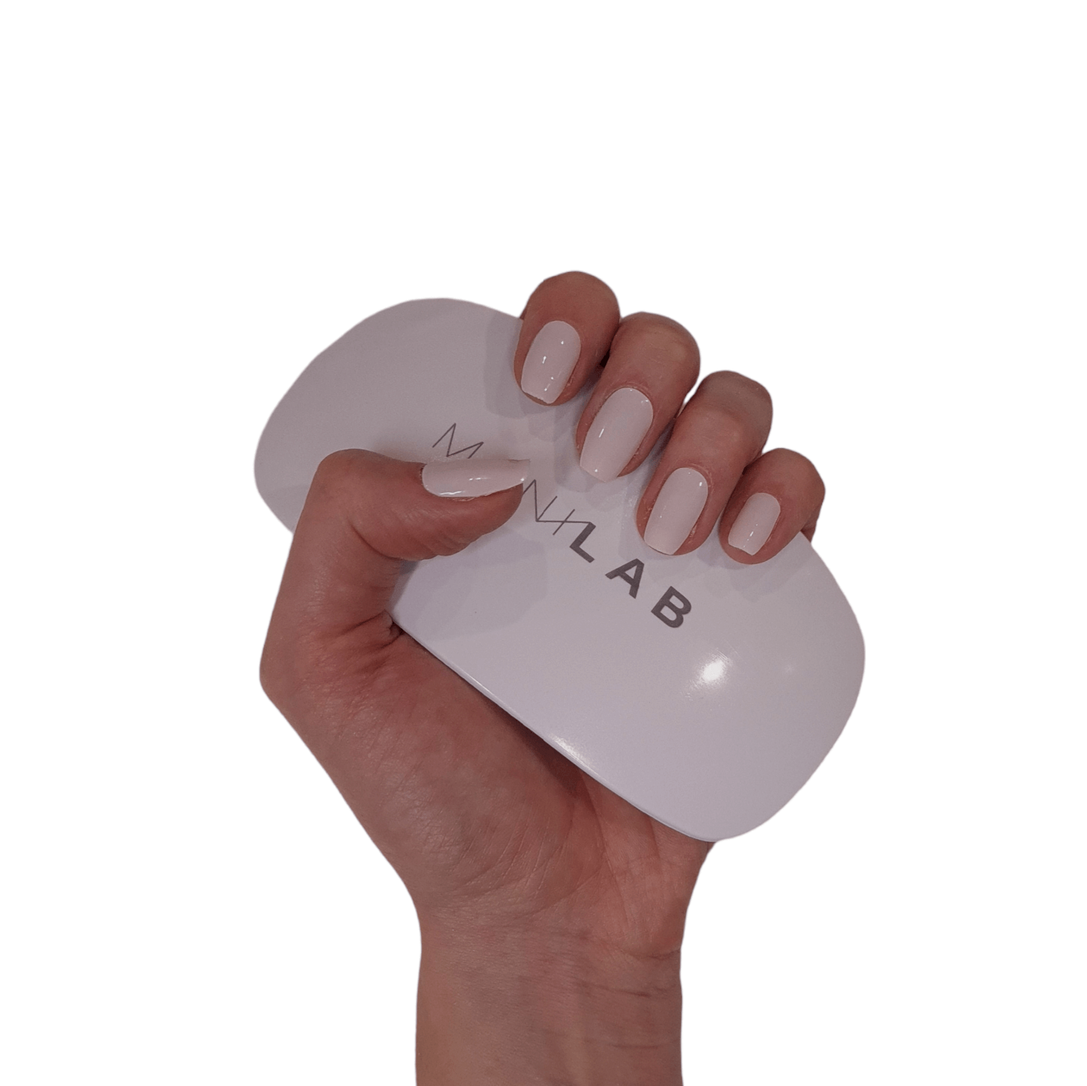 Our nude semi-cured gel nails displayed on a hand 