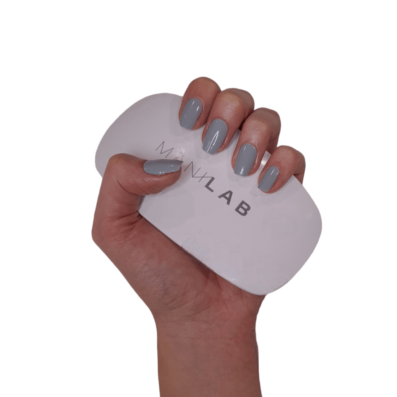 Our grey semi-cured gel nails displayed on a hand 