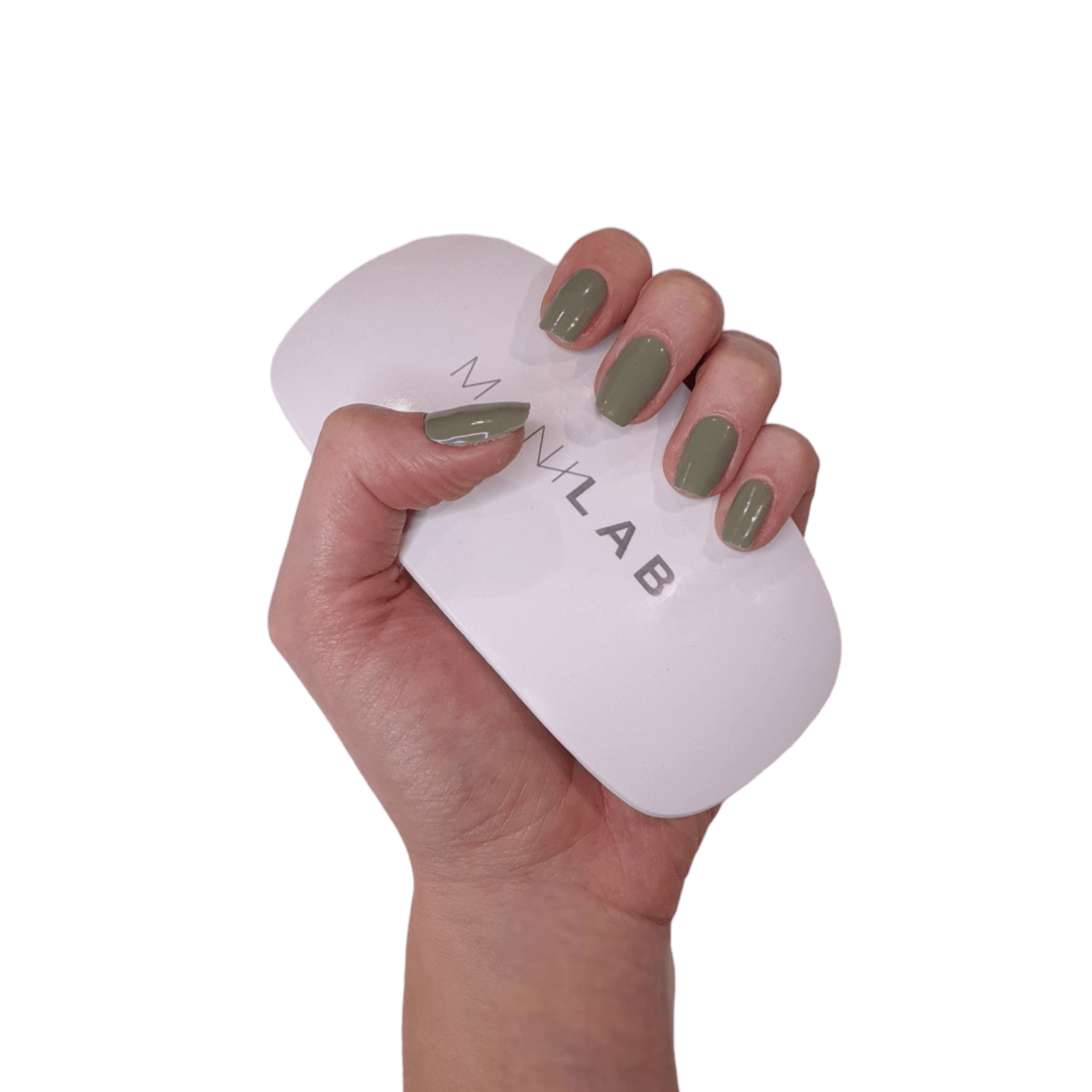 Our olive green semi-cured gel nails displayed on a hand 